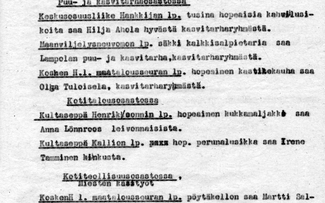 Palkintoluetteloja Maatalousnäyttely 25.-26.8.1934